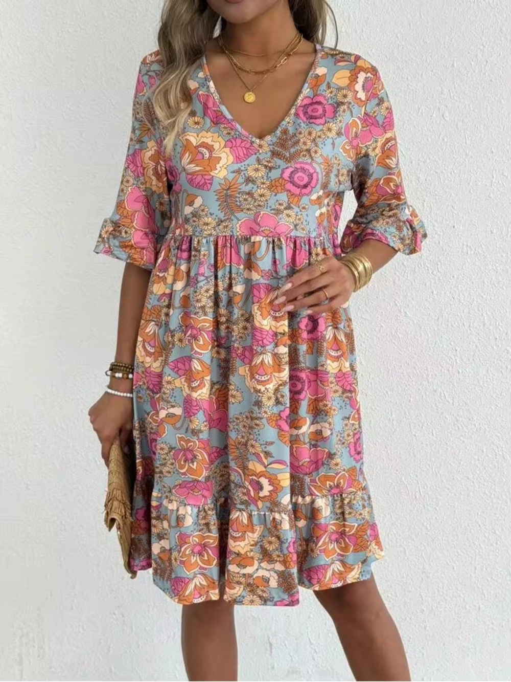 Floral V-Neck Tiered Dress in Pink & Blue